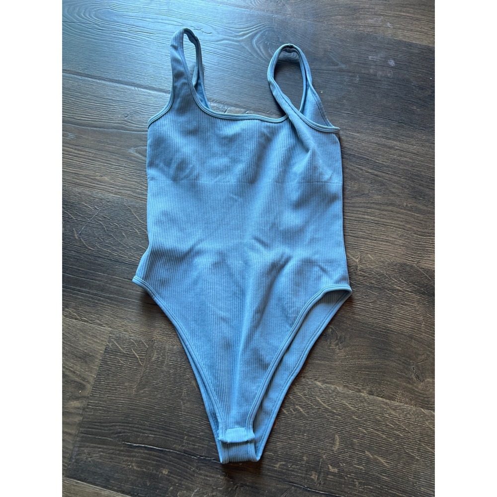 OQQ Women Light Blue Ribbed Seamless Bodysuit Square Neck Tank Top Size M - Picture 2 of 3
